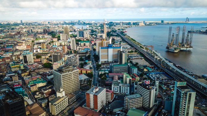 Aerial view of Marina commercial business district Lagos Island Kuehne+Nagel Africa
